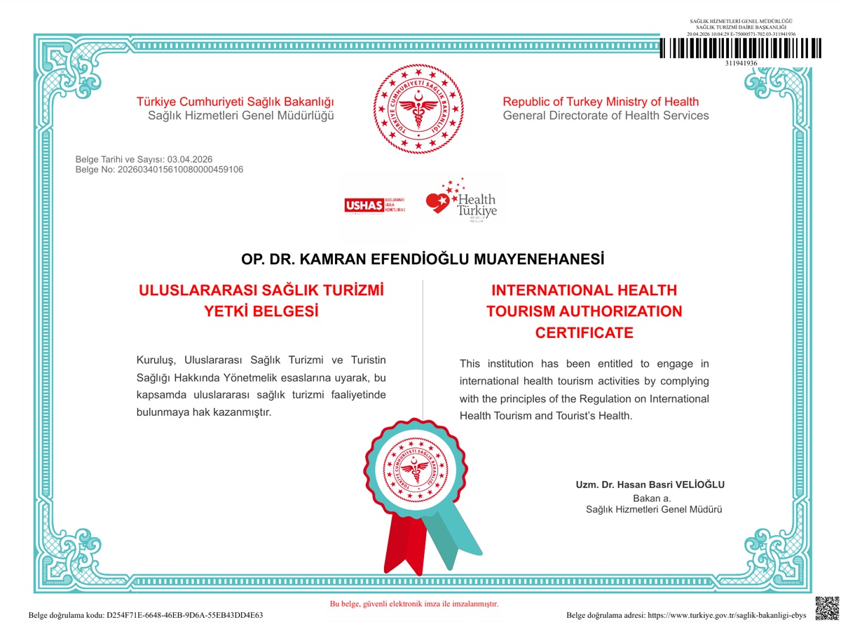 Türkiye Cumhuriyeti Sağlık Bakanlığı Uluslararası Sağlık Turizmi Yetki Belgesi Op. Dr. Kamran Efendioğlu Kliniği